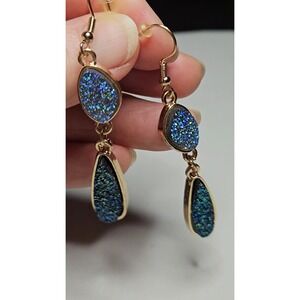 Faux Druzy Drop Earrings Womens OS Blue Green Gold Tone Iridescent Boho